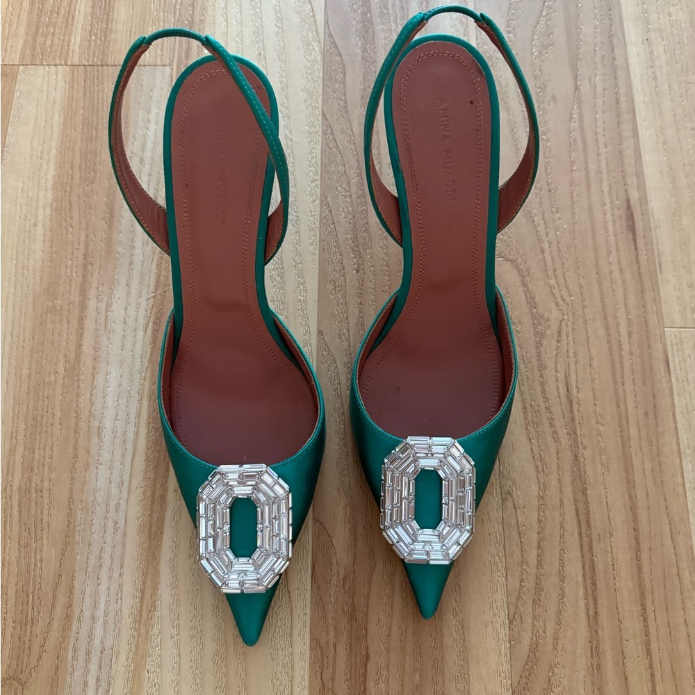 Amina Muaddi Emerald Green Slingback Crystal-Embellished Pointed Heels